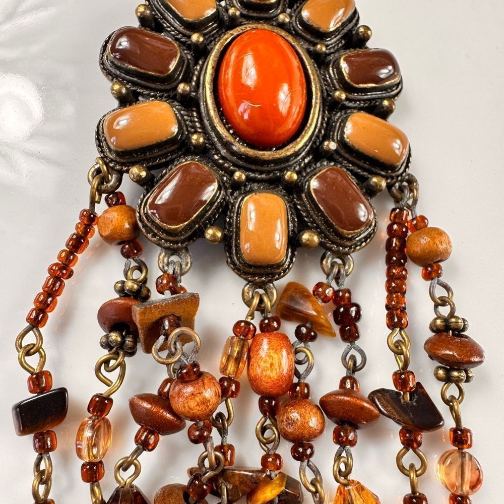 Rare Bohemian Orange and Brown Tigers Eye Pendant Necklace - Picture 5 of 13